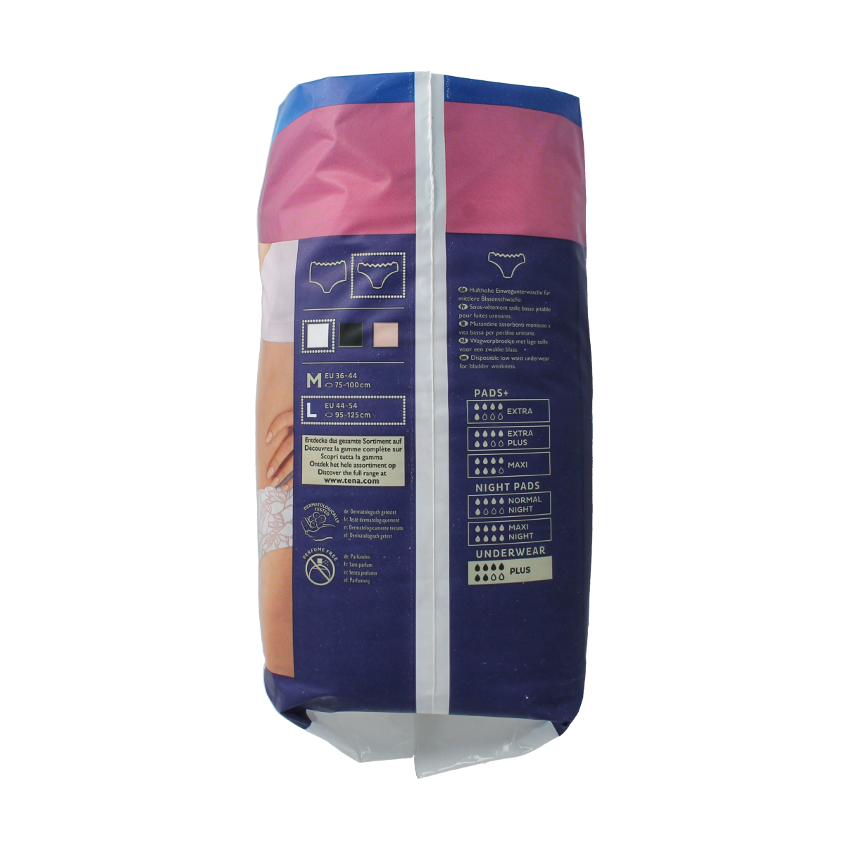 Tena Silhouette Plus low waist incontinent pads, size L, 10-pack, designed for discreet comfort and secure fit.