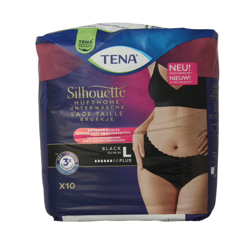 Tena Silhouette Plus low waist incontinent underwear in zwart, size L, 10 pieces, designed for discreet comfort and protection.