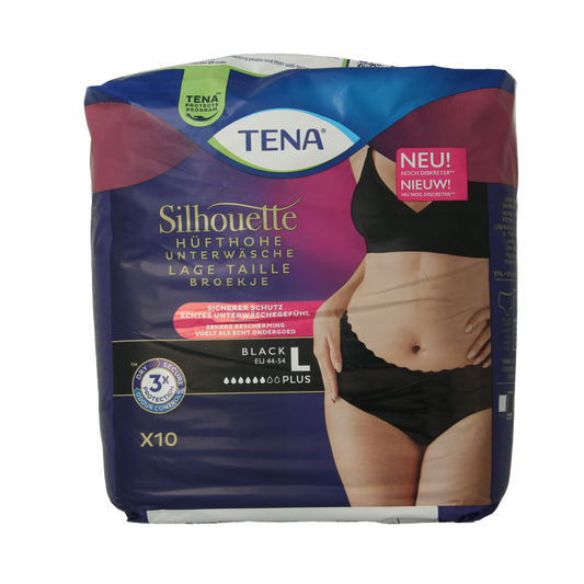 Tena Silhouette Plus low waist incontinent underwear in zwart, size L, 10 pieces, designed for discreet comfort and protection.