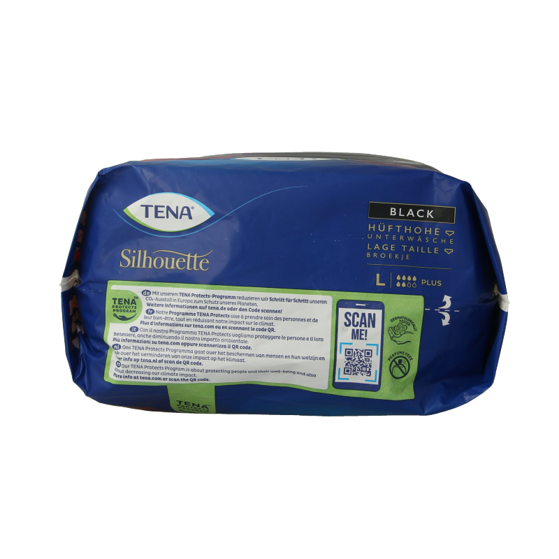 Tena Silhouette Plus low waist incontinence pads in black, size L, 10-pack, designed for discreet protection and comfort.