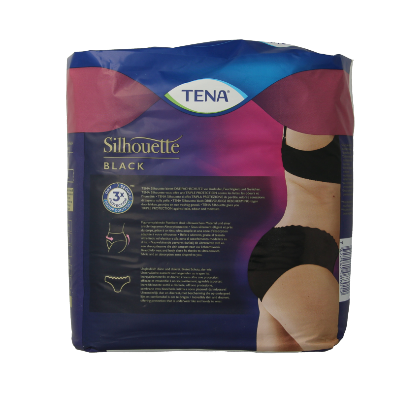 Tena Silhouette Plus low waist black incontinence briefs, size large, 10-pack, designed for discreet comfort and secure fit.