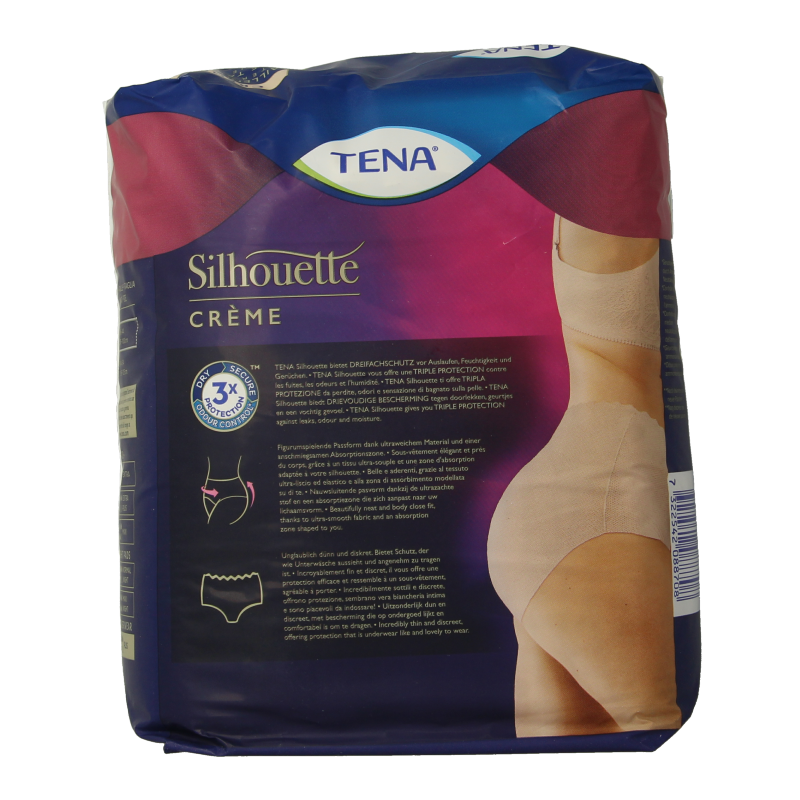 Tena Silhouet Plus high waist medium incontinence briefs, creme color, 9-pack, designed for discreet comfort and protection.