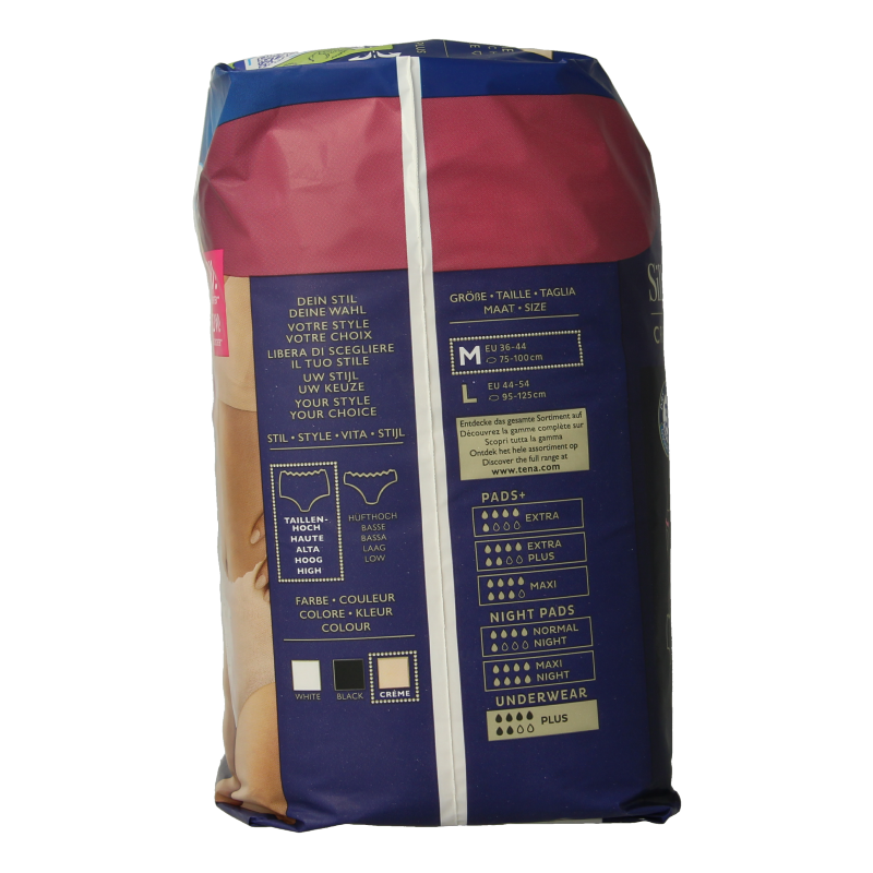 Tena Silhouet Plus high waist medium incontinence pads, creme color, pack of 9, designed for discreet protection.