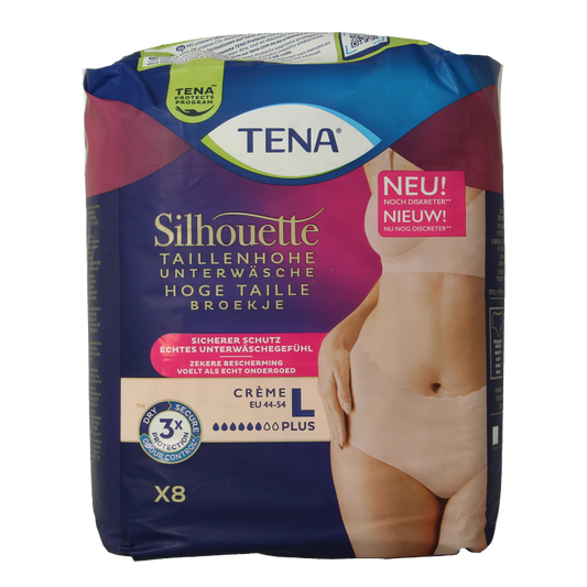 Tena Silhouet Plus high waist large incontinent pads in creme, pack of 8, designed for comfortable incontinence protection.