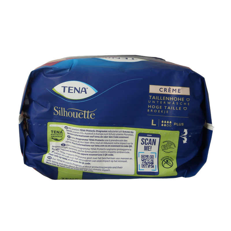 Tena Silhouet Plus high waist large incontinent pads in creme color, shown as a pack of 8 adult incontinence pads.