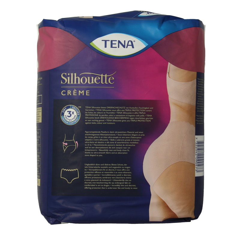 Tena Silhouet Plus large high-waist creme incontinent underwear pack, showing eight adult incontinence briefs.