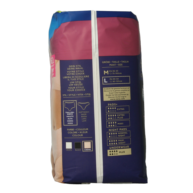 Tena Silhouet Plus high waist large incontinent pads in creme, 8-pack, designed for comfortable fit and reliable protection.