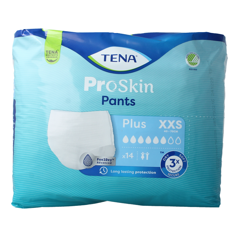 Tena Proskin Pants Plus XXS incontinence pads, 14-pack, showing soft, absorbent underwear with waistband and incontinence protection.