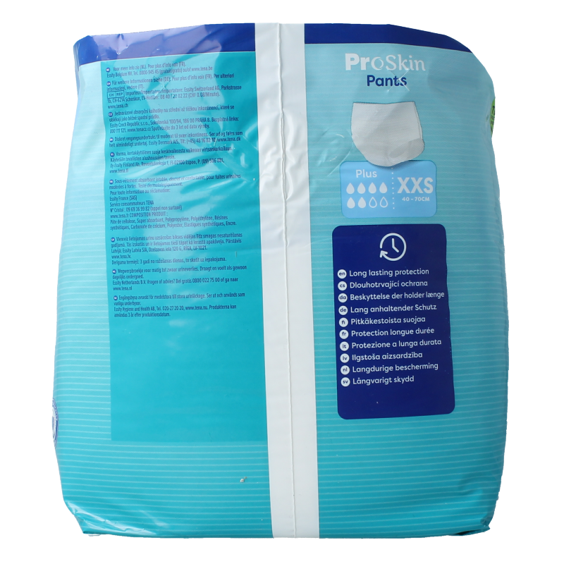 Tena ProSkin Plus incontinence pants, XXS size, 14-pack, shown in a close-up image with the product packaging.