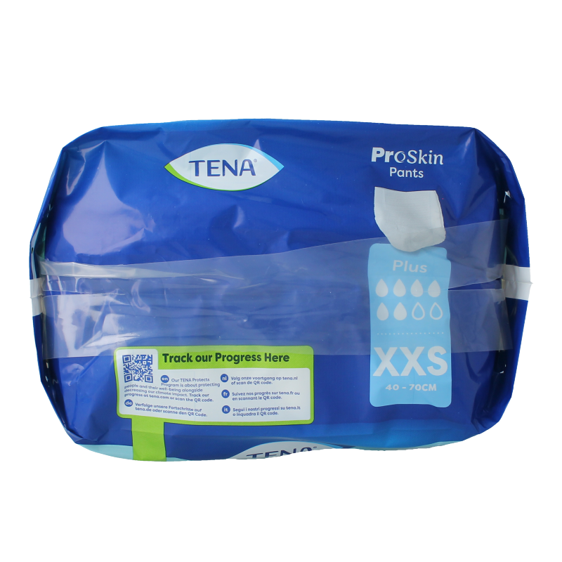 Tena Proskin Pants Plus XXS incontinence underwear pack with 14 pieces, designed for discreet, comfortable protection.