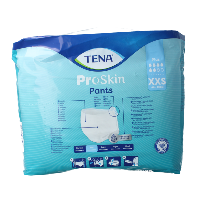 Tena Proskin pants plus XXS incontinent underwear, 14-pack, incontinence protection, designed for discreet comfort.