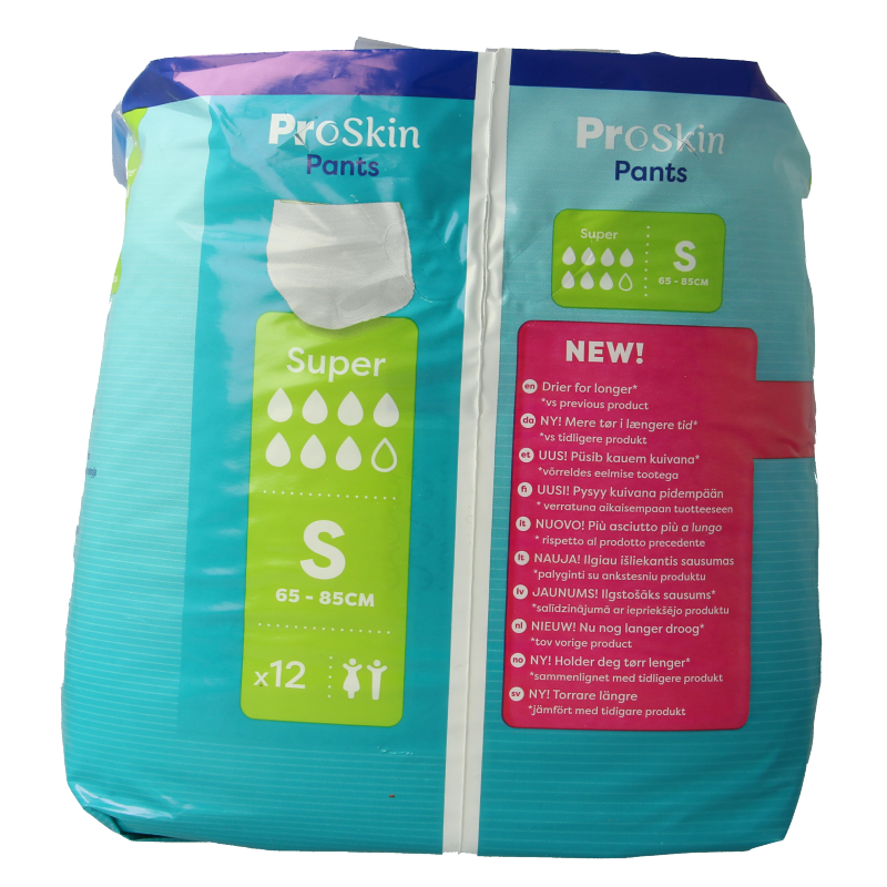 Tena Proskin Super S incontinent pants in white, shown in a pack of 12, designed for discreet urinary incontinence management.