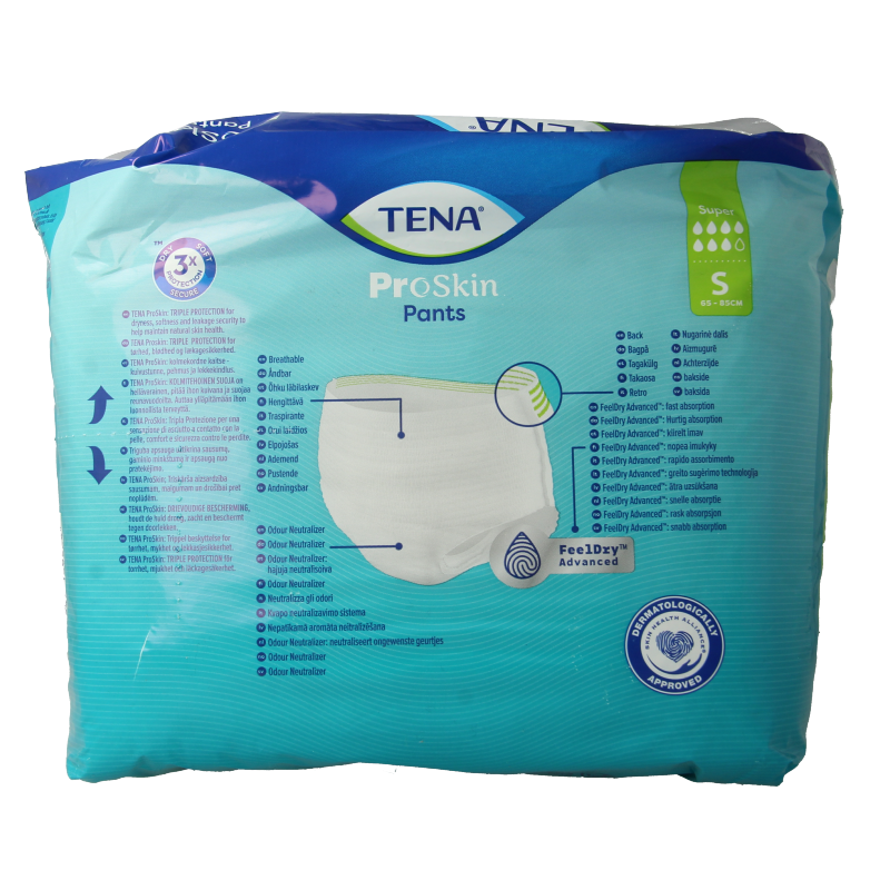 Tena Proskin Super S incontinent pants in a pack of 12, designed for discreet and comfortable incontinence protection.