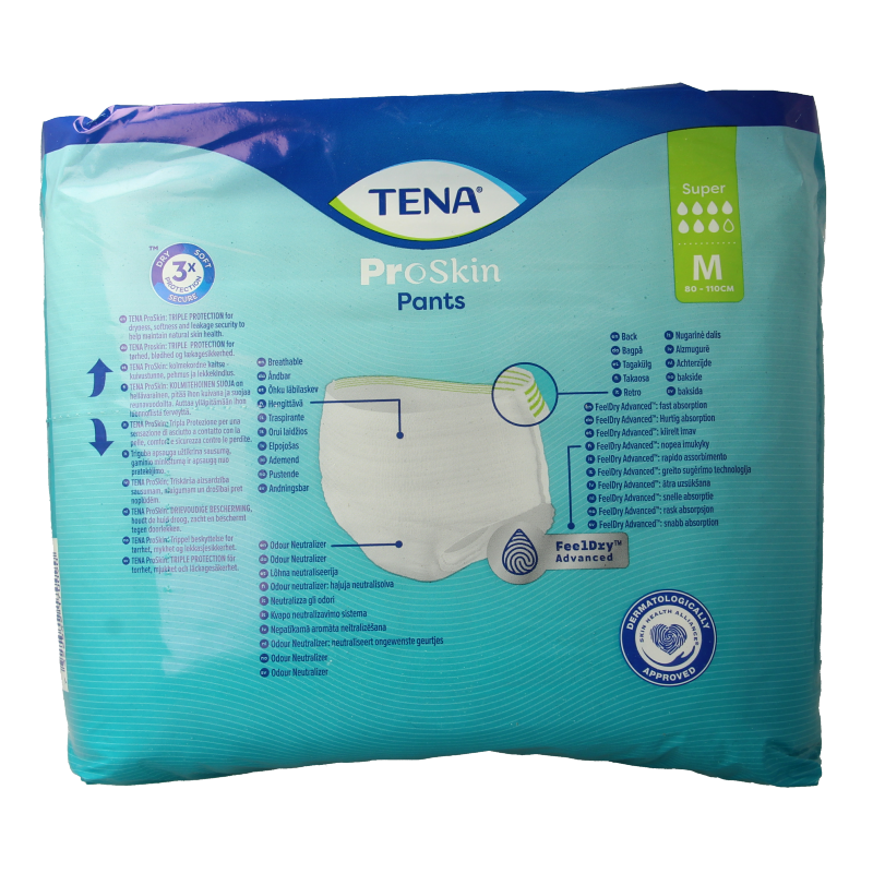 Tena ProSkin Incontinence Pants Super M pack of 12, adult absorbent incontinence underwear, beige fabric with waistbands.