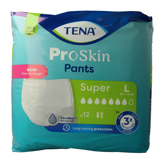 Tena Proskin Super L incontinent pants, size large, 12-pack, absorbent incontinence underwear for adults.