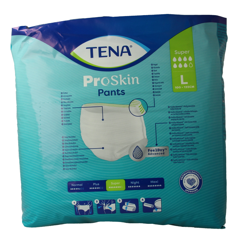 Tena Proskin Super L incontinent pants in a package of 12, designed for comfortable and discreet incontinence protection.