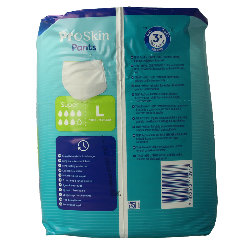 Tena Proskin Super L incontinent pants in a pack of 12, featuring breathable fabric and secure fit for comfortable protection.