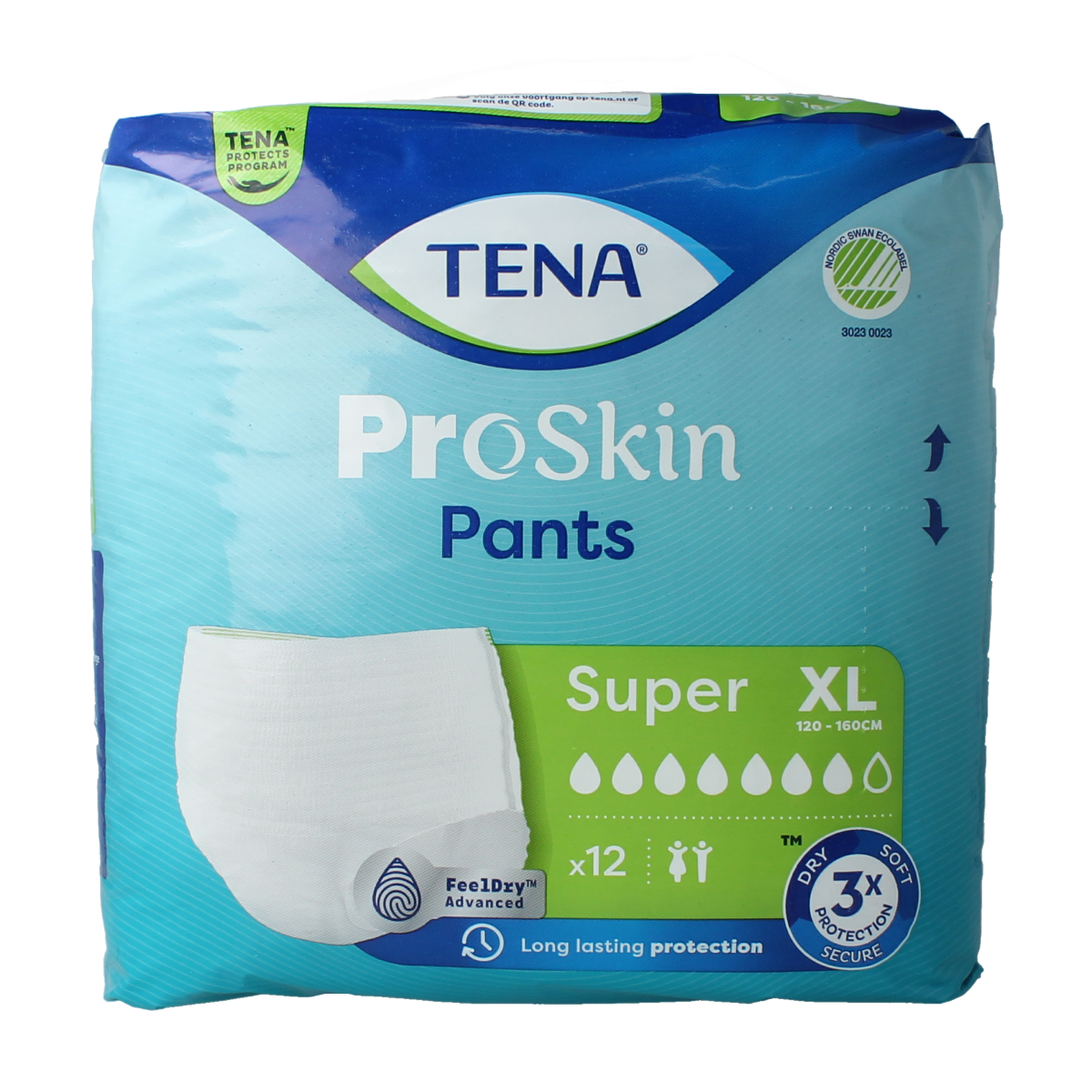 Tena Proskin Super XL incontinent pants in a pack of 12, designed for secure and comfortable incontinence protection.