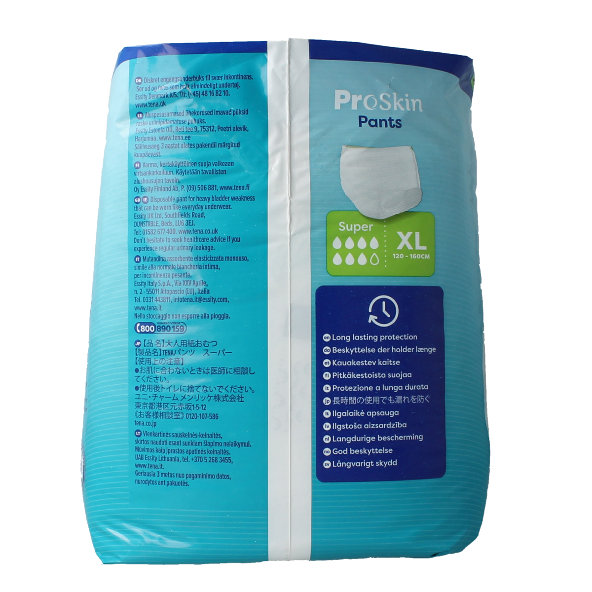 Tena Proskin Super XL incontinence pants, pack of 12, shown in white with adjustable waistband and leak-proof design.