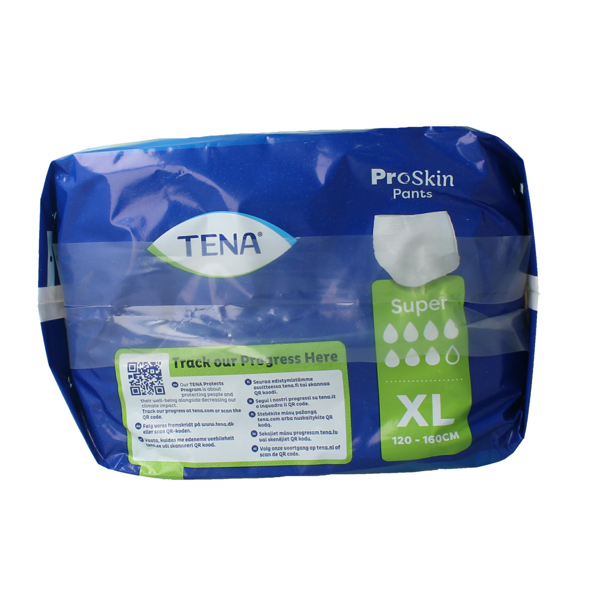 Tena Proskin Super XL incontinent pants in a box of 12, designed for secure incontinence protection, shown in the image.