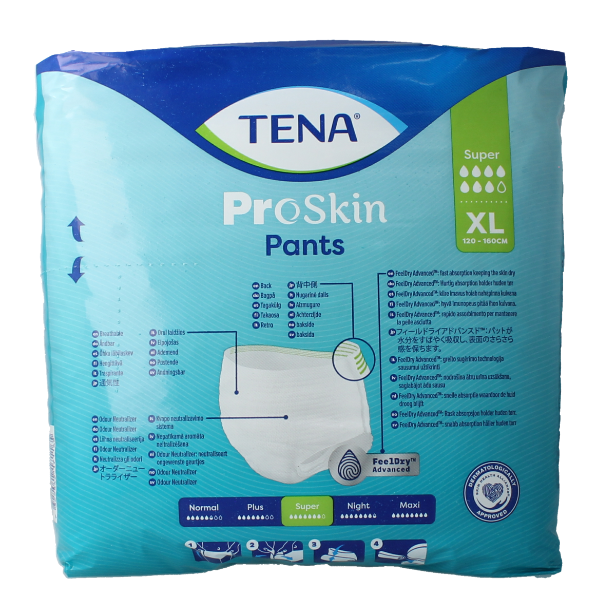 Tena Proskin Super XL incontinence pants, pack of 12, designed for discreet and secure bladder protection.