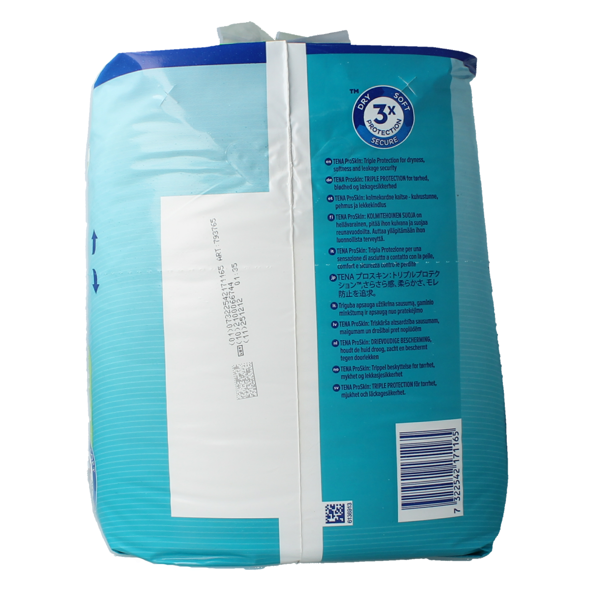Pair of Tena Proskin Super XL incontinent pants in size 12, showing the blue and white design and adjustable fit for adults.