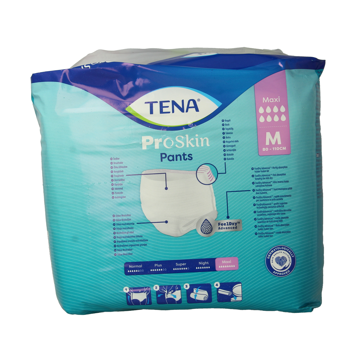 Tena Proskin Maxi Incontinence Pants in size M, pack of 10, shown in the image with absorbent, discreet adult diaper design.