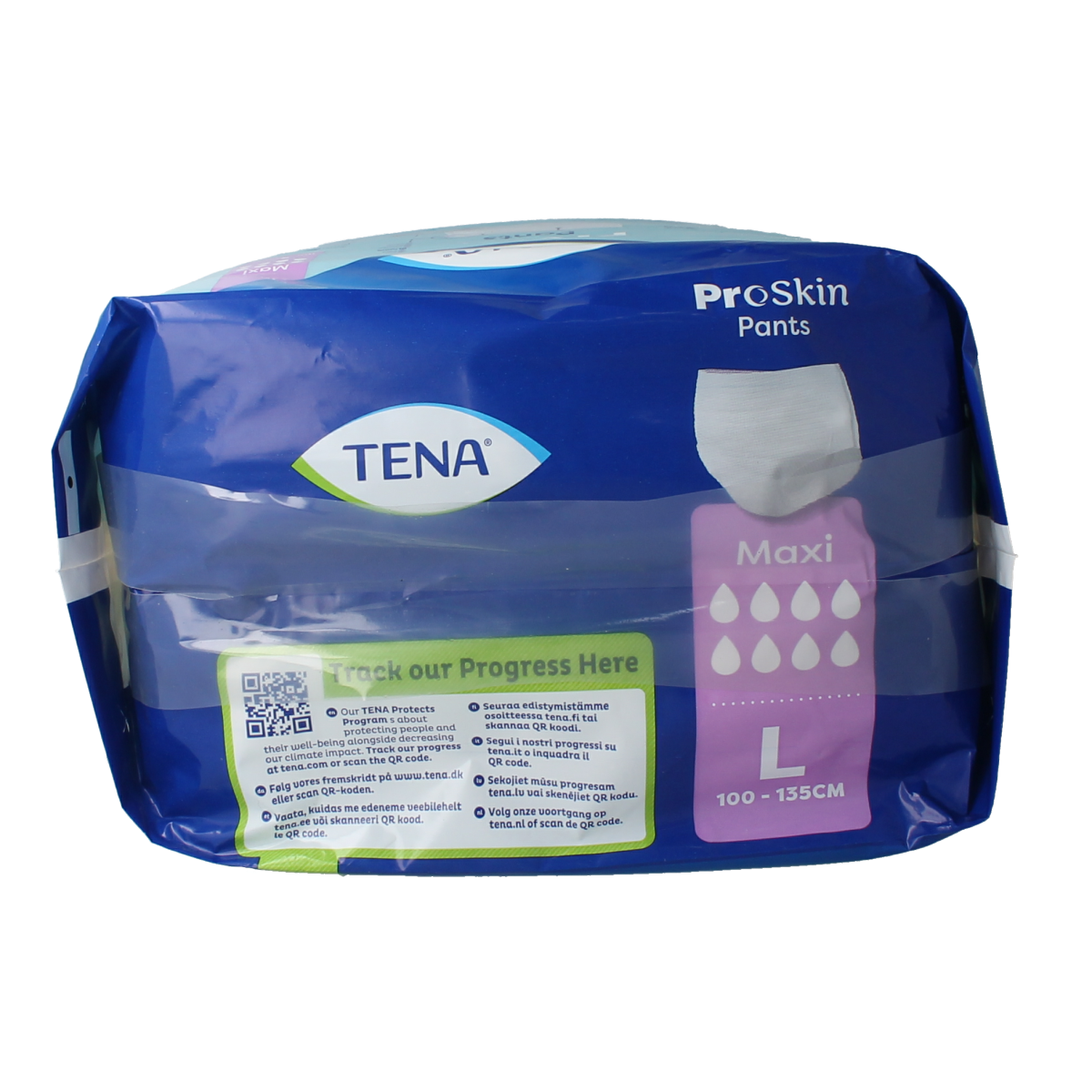 Tena Proskin Maxi Incontinence Pants in size L, pack of 10, showing soft, breathable adult diaper with secure fastening and absorbent core.