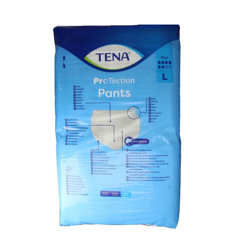 Tena ProSkin Plus Incontinence Pants in size L, 30-pack, showing soft, discreet protective underwear for adults.