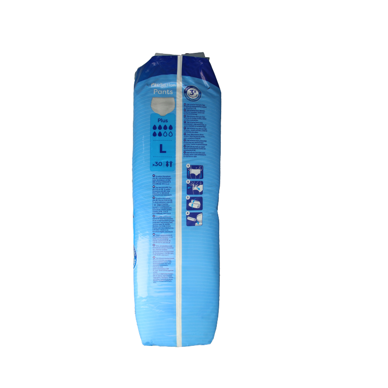 Tena ProSkin Pants Plus in size L, pack of 30 adult incontinent underwear showing the blue waistband and discreet design.