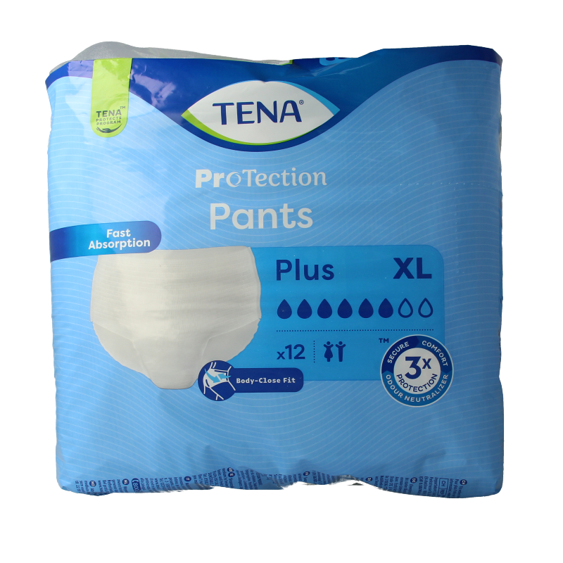 Tena Protection Plus incontinence pants XL, 12-pack, with discreet fit and absorbent material for comfortable protection.
