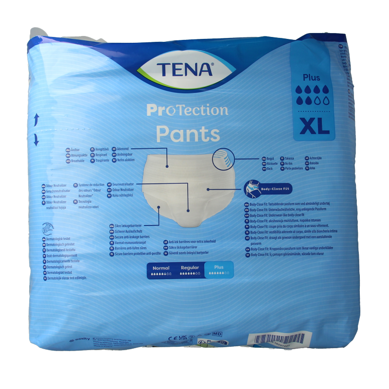 Tena Protection Plus XL incontinent pants with 12 pieces, featuring absorbent material and secure fit for adult incontinence.
