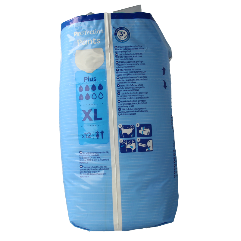Tena Protection Plus XL incontinent pants, 12-pack, in white with adjustable fit and discreet design for adult incontinence.