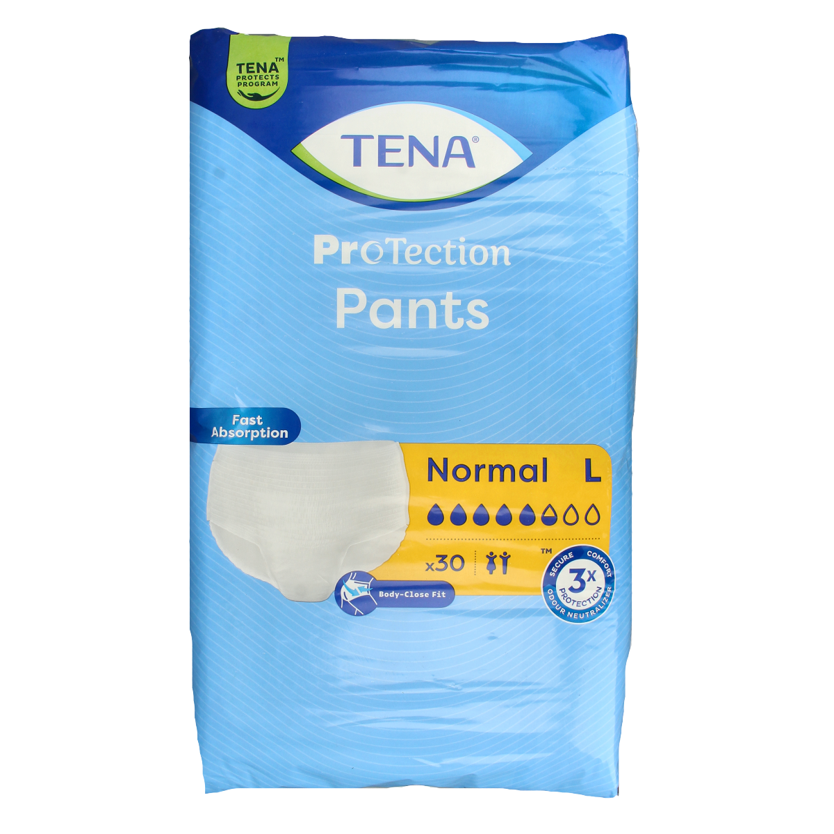 Tena Pants normal protection in size L, 30 disposable incontinence underwear laid flat showing waistband and material.