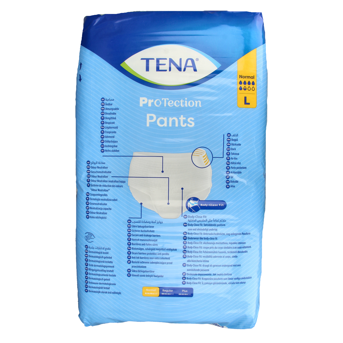 Tena Pants normal protection in size L, 30 disposable incontinence underwear laid flat, white with blue accents.