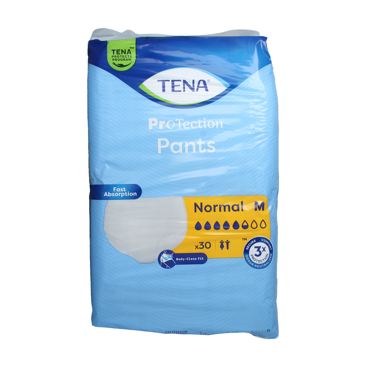 Tena Proskin normal fit incontinence pants, size M, 30 pieces, showing soft fabric and secure waistband for discreet protection.