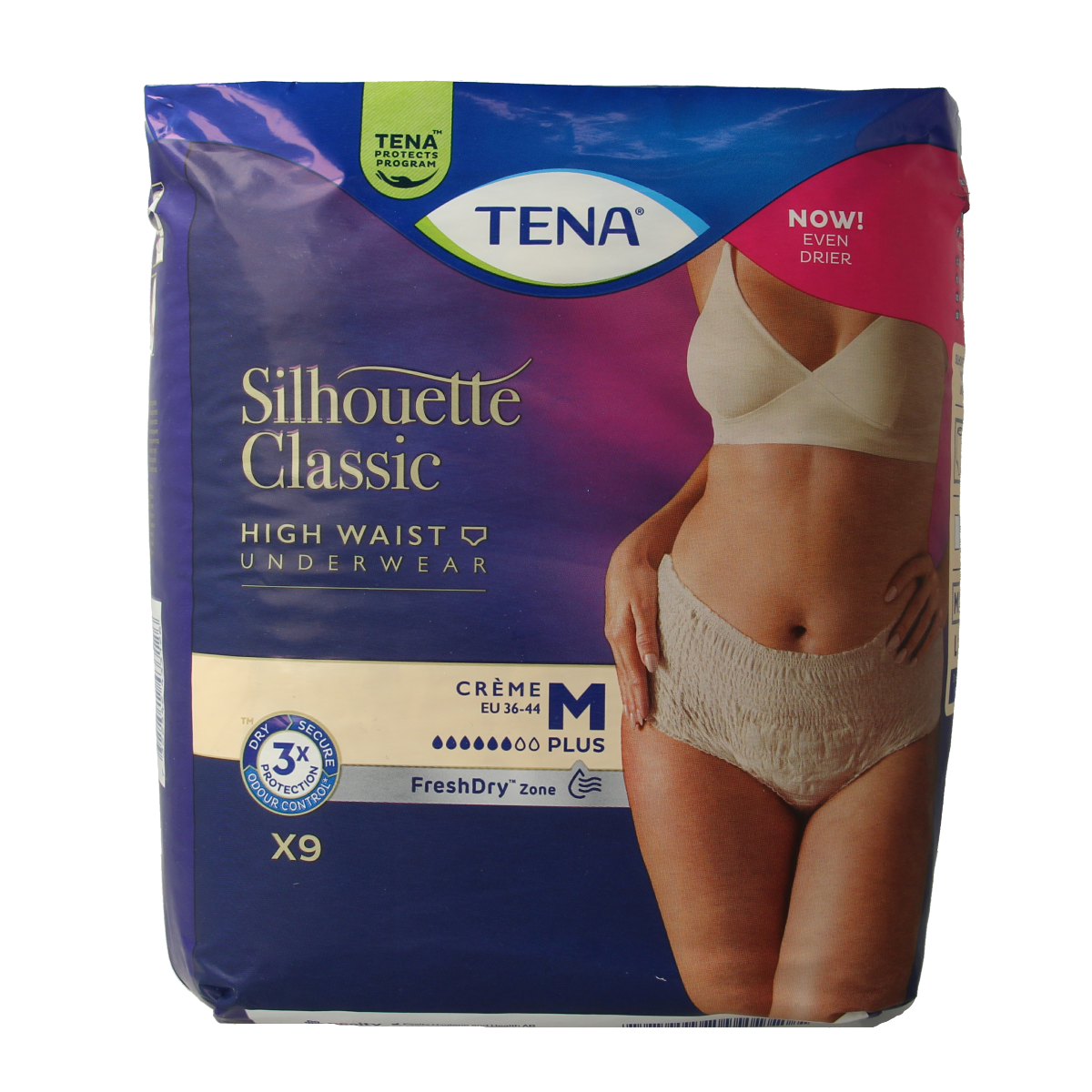 Tena Silhouet classic+ high waist incontinent pads in creme, medium size, pack of 9, for discreet incontinence protection