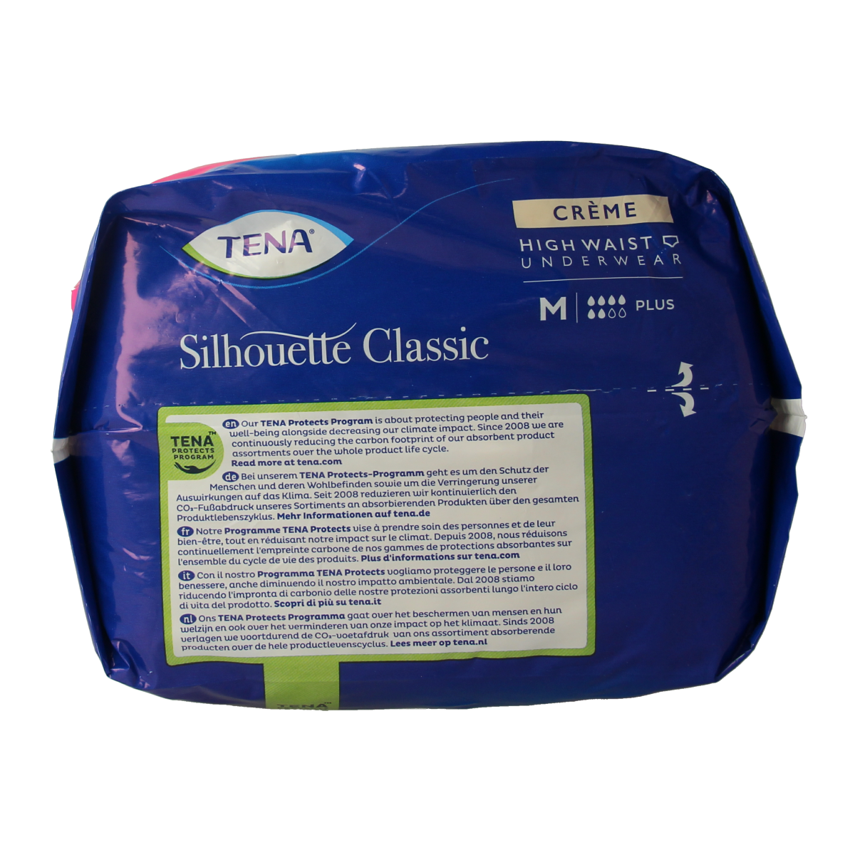 Tena Silhouet Classic+ high waist incontinence briefs in size M, cream color, displayed in a pack of nine.