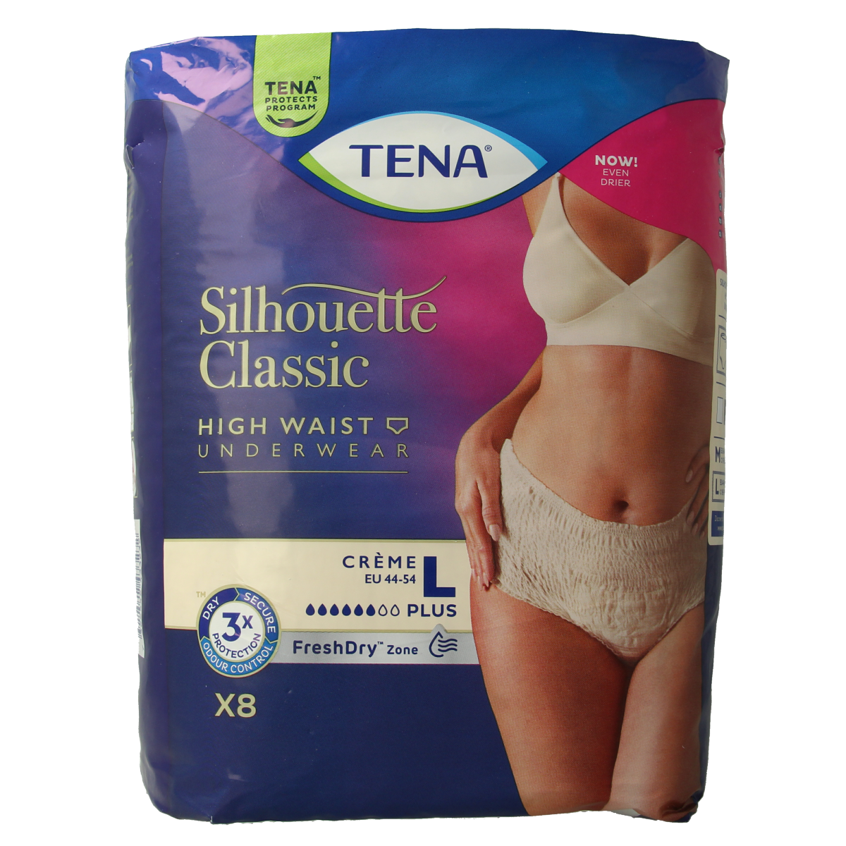 Tena Silhouet Plus high waist creme incontinent pads in size large, 8-pack, with soft fabric and absorbent core.