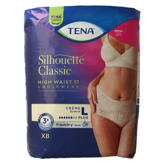 Tena Silhouet Plus high waist creme incontinent pads in size large, 8-pack, with soft fabric and absorbent core.