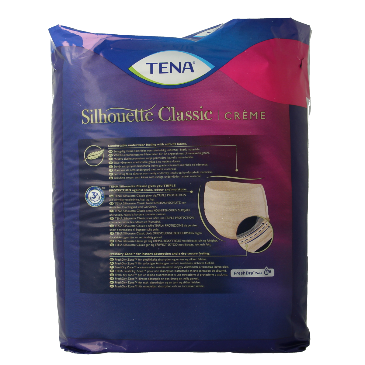 Tena Silhouet Plus high waist incontinent underwear in creme, size L, 8-pack, designed for comfort and discreet protection.