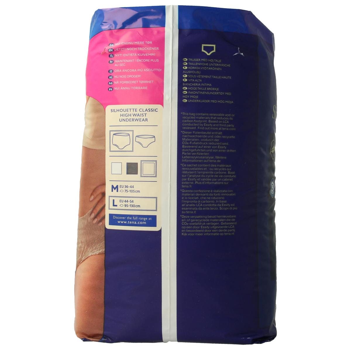 Tena Silhouet Plus high waist incontinence pads, creme color, size L, pack of 8, designed for discreet protection