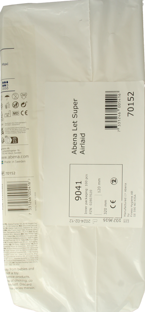 Abena Let Super Airlaid incontinent pads, 100 disposable incontinence products, with soft, breathable material for comfort.