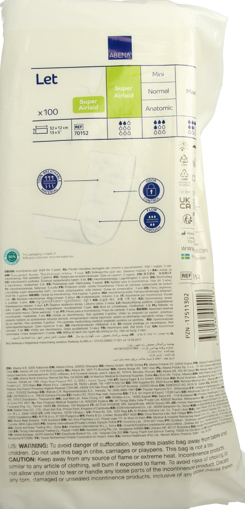 Abena Let Super Airlaid incontinent pads, 100-pack, showing soft, absorbent incontinence pads with breathable material designed for comfort.