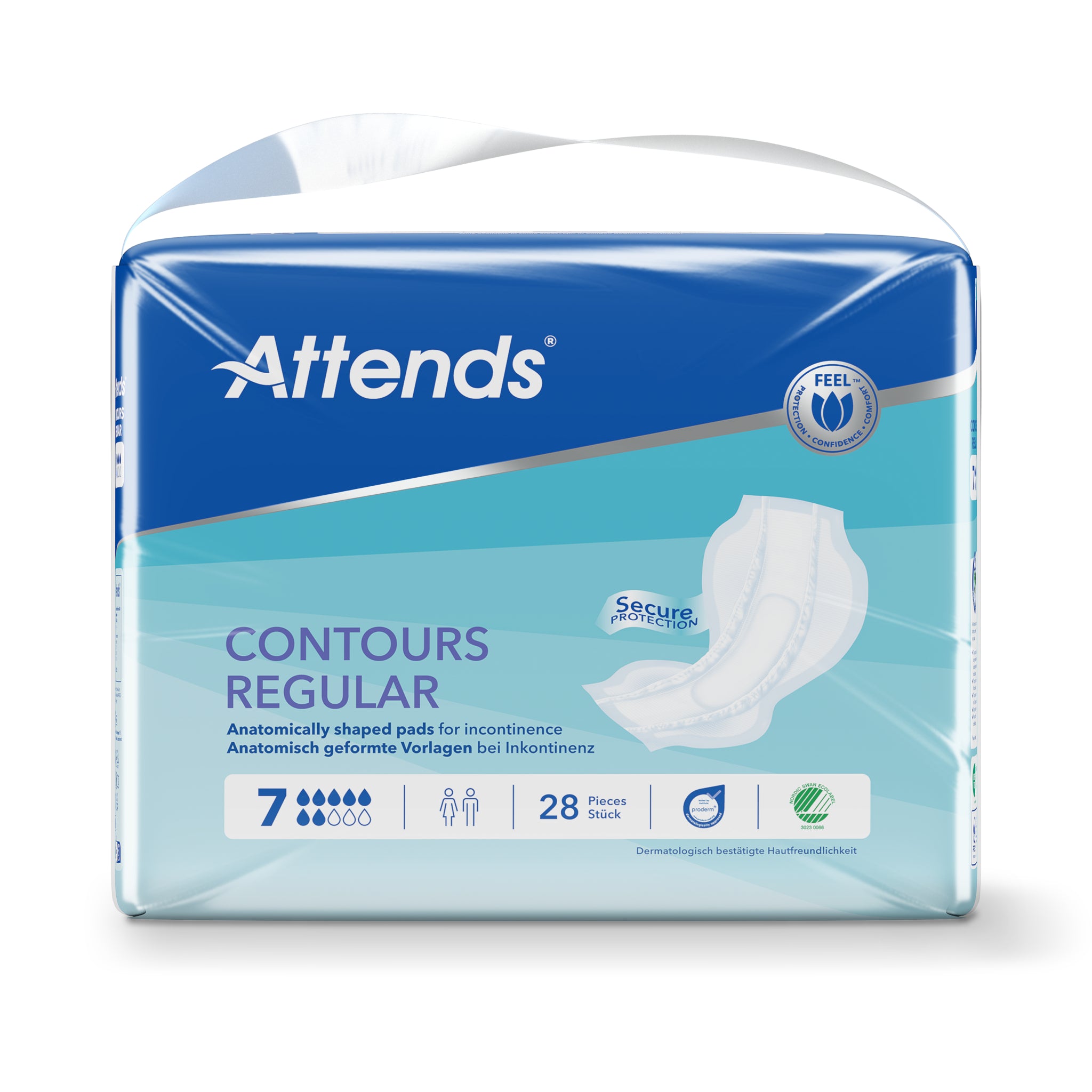 Attends Inlegger Contours 7, disposable incontinence pads, incontinence product with 28 pieces, designed for comfort.