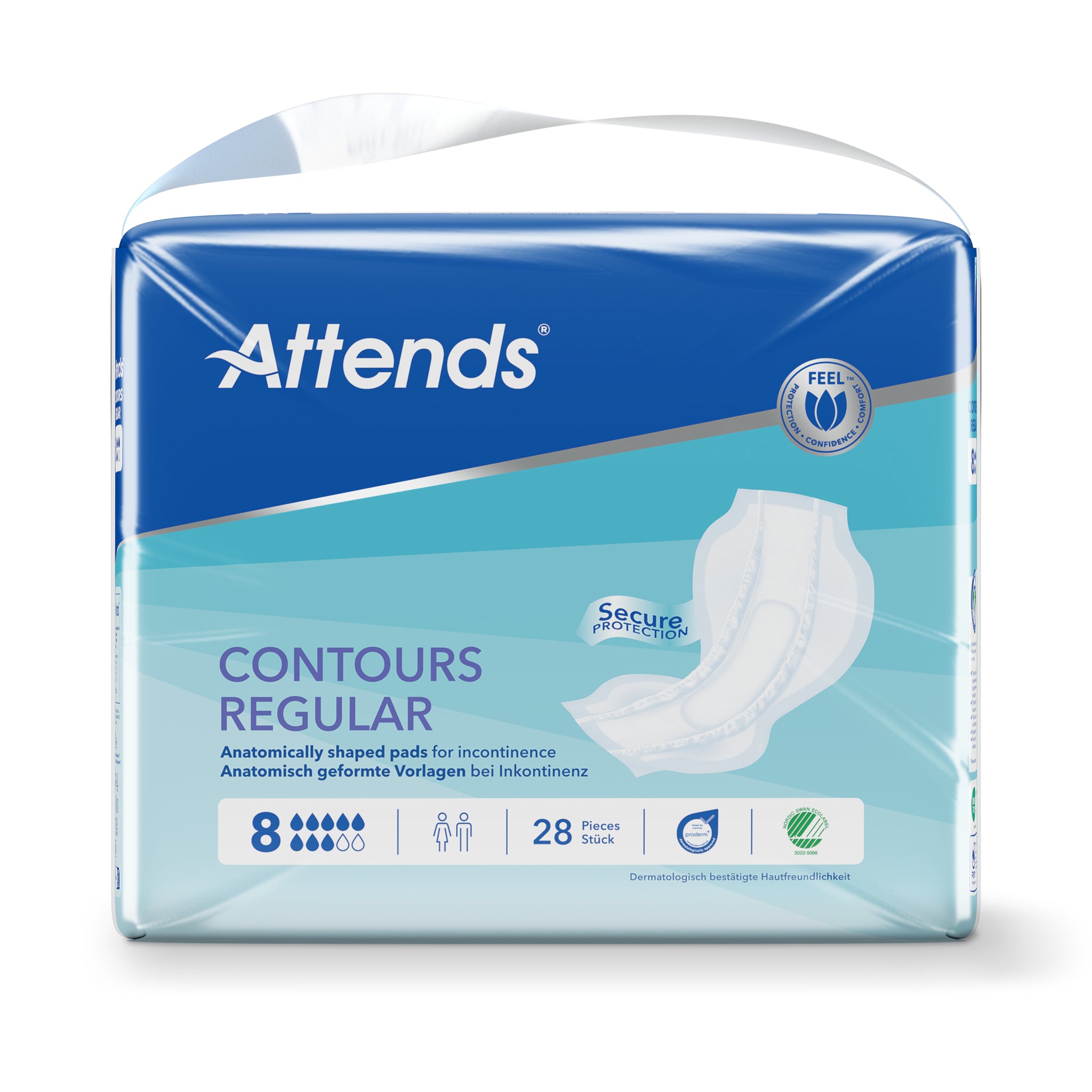 Attends Inlegger Contours 8 incontinence pads in a package, designed for discreet protection and comfort.