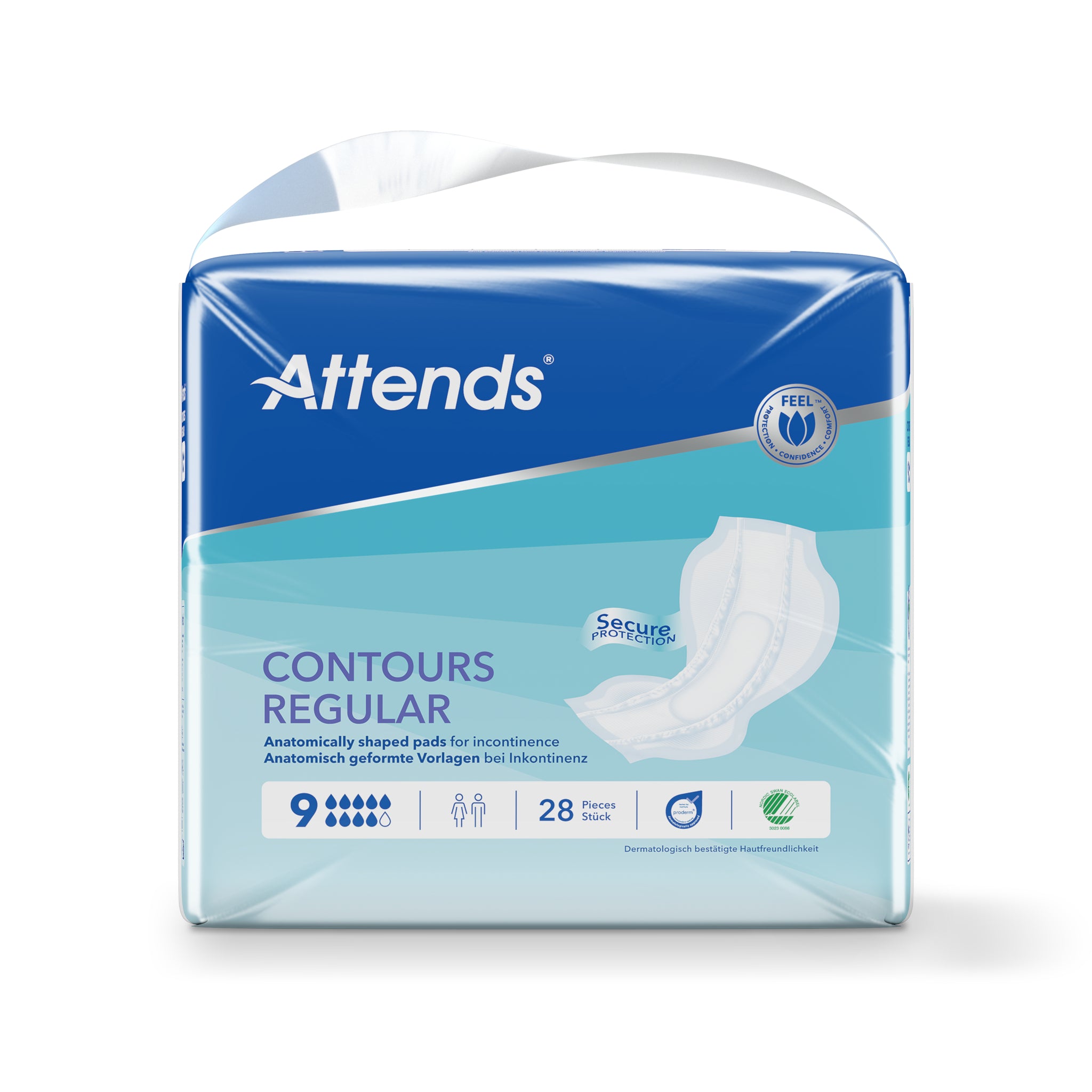Attends Inlegger contours incontinent pads, 9-28 pack, designed for discreet and comfortable incontinence protection.