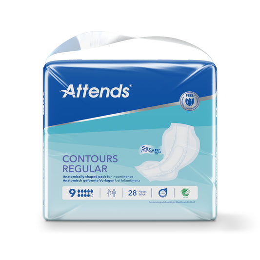 Attends Inlegger contours incontinent pads, 9-28 pack, designed for discreet and comfortable incontinence protection.