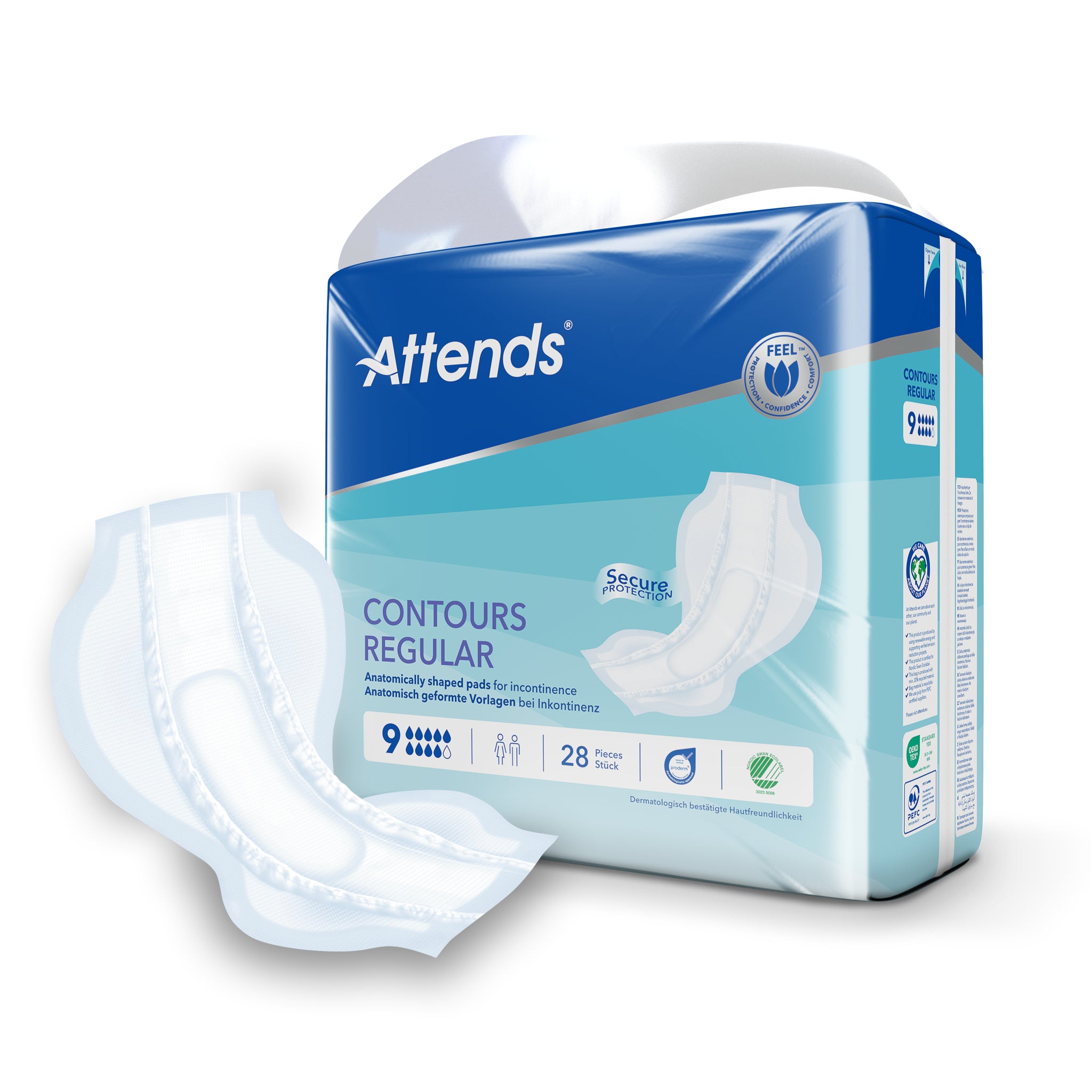 Attends Inlegger Contours 9-28 pieces, discreet incontinence pads with absorbent core, designed for comfortable protection.
