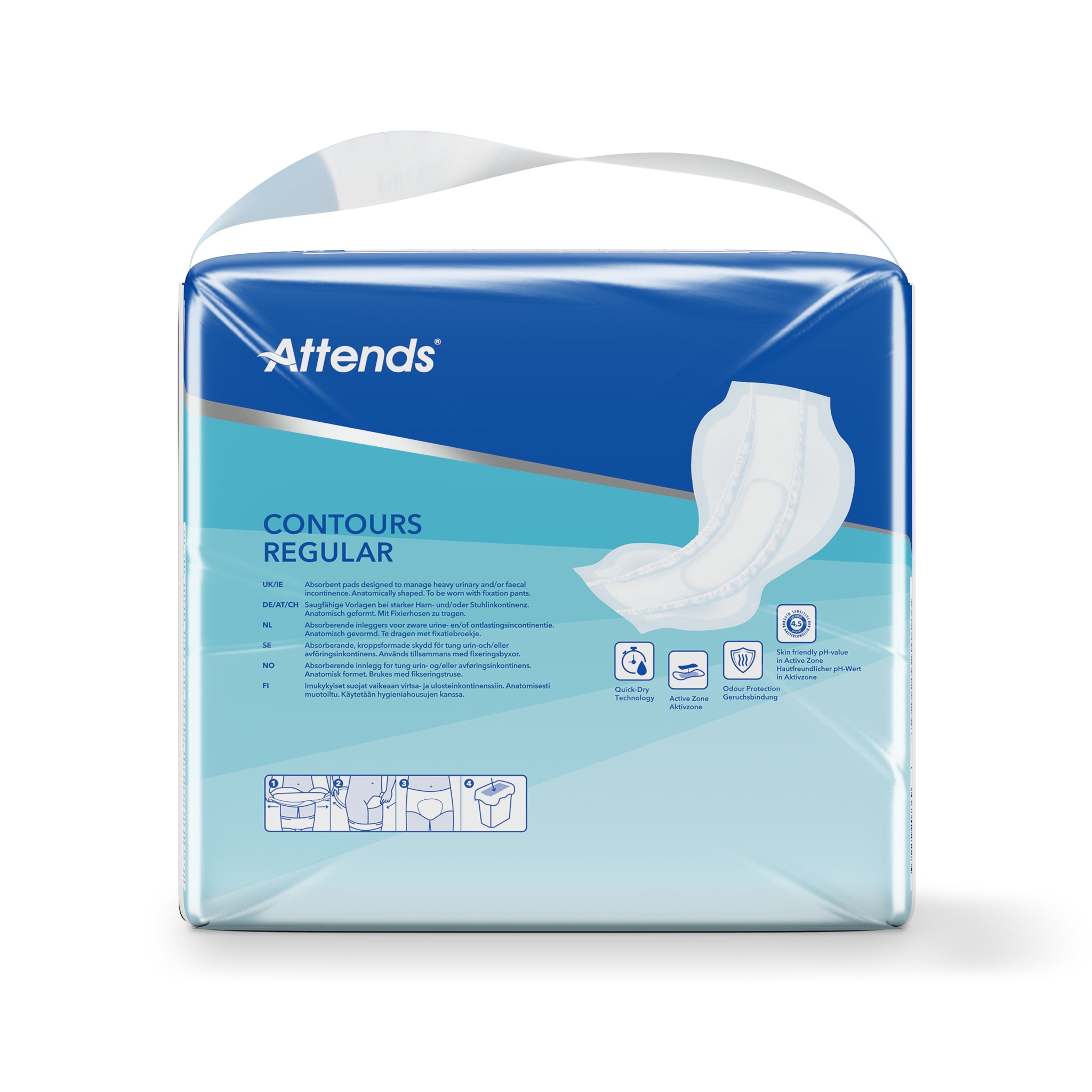 Attends Inlegger Contours incontinent pads, 9-28 pack, designed for discreet and comfortable incontinence management.